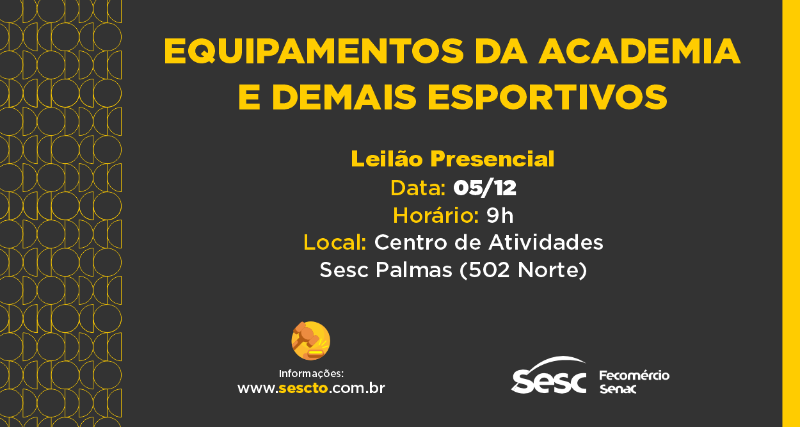 Sesc Tocantins realiza leilão de equipamentos de academia no dia 05/12